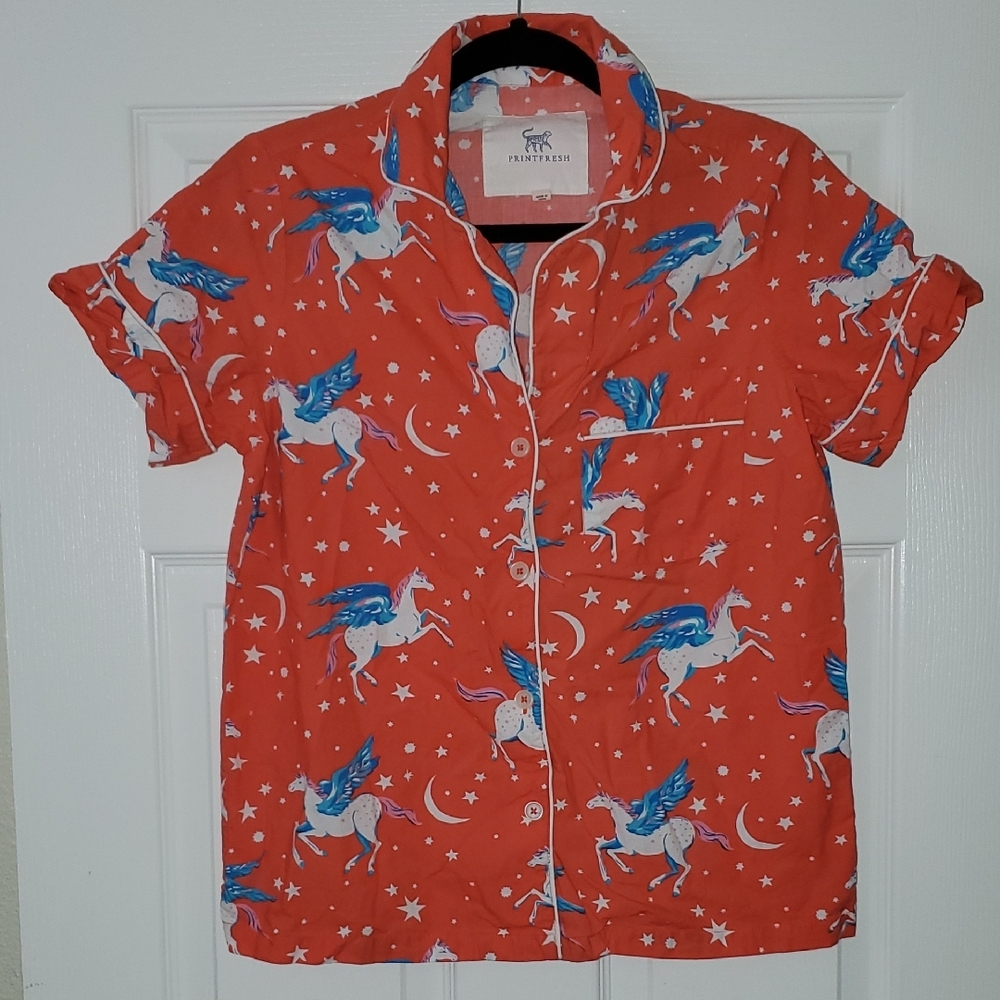 Printfresh Moon Flight Pegasus Button Down Pajama Top Women's XS